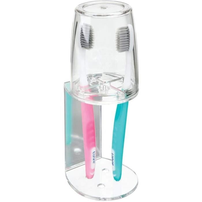 blanc rangement brosse à dents en plastique argenté mat et transparent verre à dent de qualité avec couvercle pour la salle de bain mDesign porte brosse à dent avec gobelet 