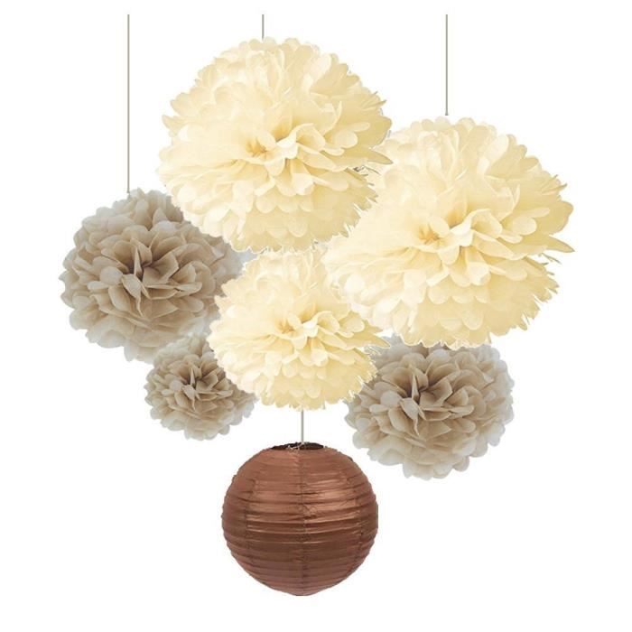 7pcs Creme Brun Pompon Papier De Soie Marron Lanterne Pour Decorations Mariage Anniversaire Fete Cdiscount Maison