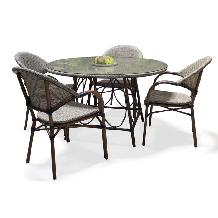 Beliani – Table Ronde De Jardin + 6 Chaises Vintage En Aluminium Marron Cuivré – Ensemble Repas Extérieur Style Rétro Avec Coussins Rouges