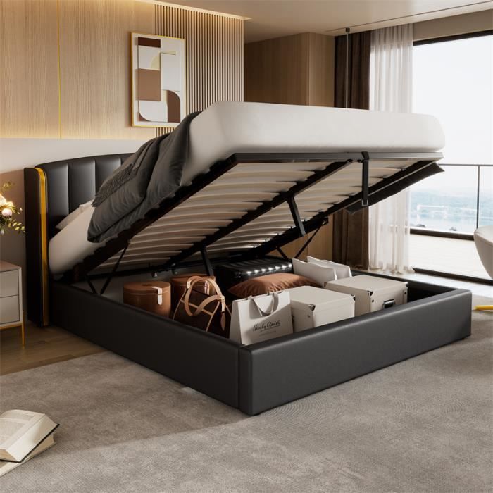 lit coffre 160x200cm, avec sommier à lattes et tête de lit design d'oreilles bordées d'or, pu, sans matelas, noir