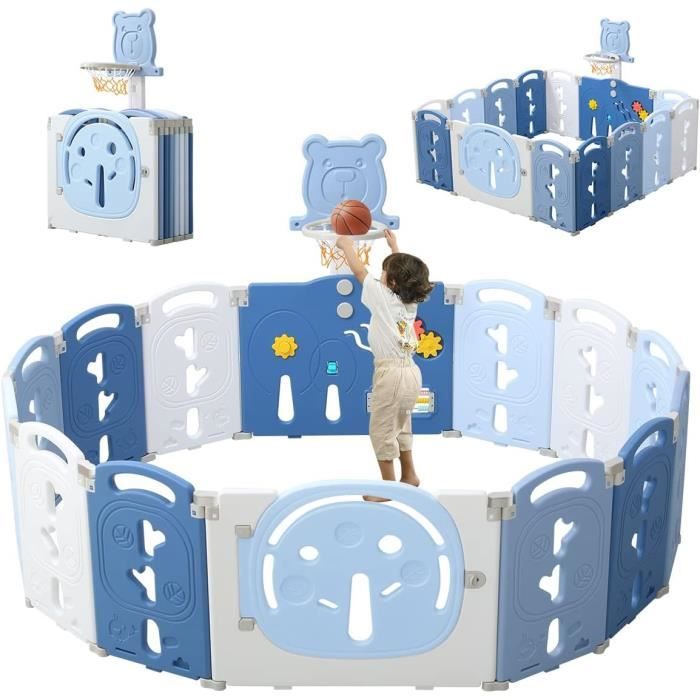 Parc Bébé 12+2 Panneaux Pliable, parc bebe modulable avec Panier de Basket, Parc pour enfants en Plastique, parcs XL 153×153cm, Bleu