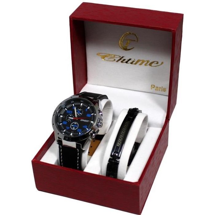 coffret montre homme Ernest bracelet cuir plus gourmette acier inoxydable