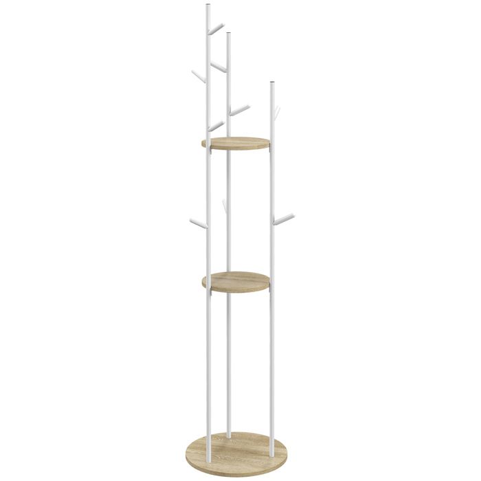 Porte-manteaux sur pied - meuble entrée - HOMCOM - 9 crochets 2 étagères rondes - acier - Ø 40x167cm - naturel blanc Porte-manteaux sur pied - meuble entrée - HOMCOM - 9 crochets 2 étagères rondes - acier - Ø 40x167cm - naturel blanc