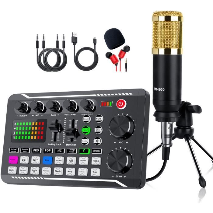 Mixeur DJ avec Microphone et Carte Son , Portable Mélangeur Audio DJ Contrôleur Studio avec effets de mixage et changeur de voix