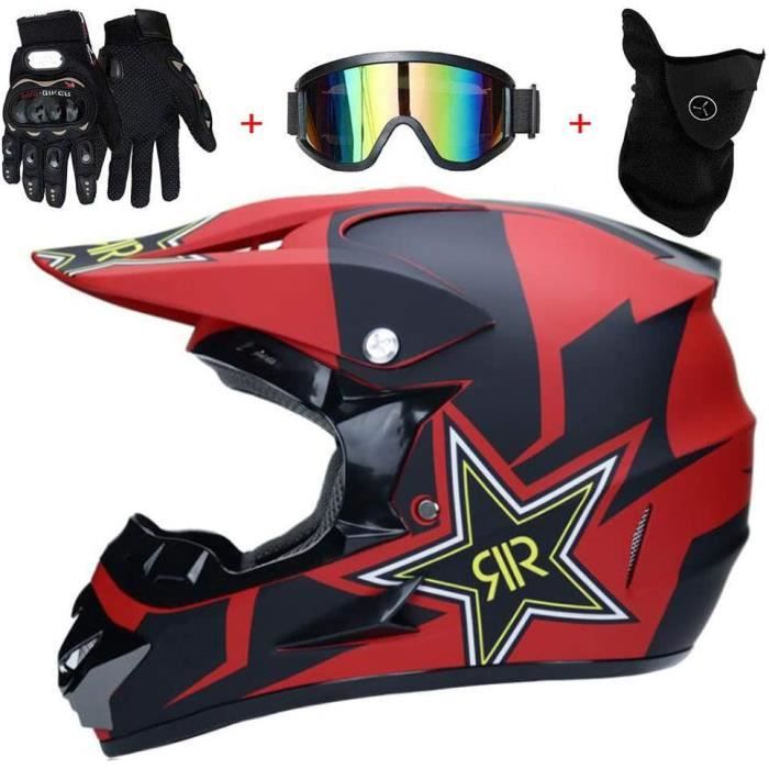 Casque Motocross Intégral - Kit Complet 4 Pièces (Casque, Lunettes, Masque, Gants) - Taille S à XL - Norme DOT - Rouge - 11