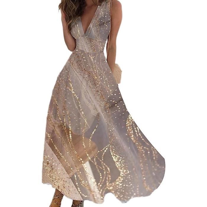 Robe Longue Femme Floral sans Manches Col V Robe Robe Sexy Casual Blond