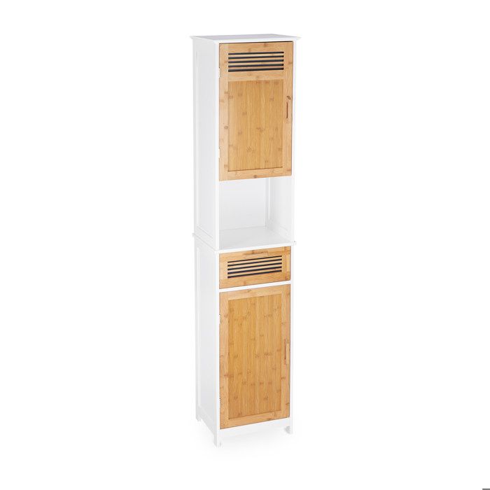 Relaxdays Armoire Haute Salle de Bain 2 Portes 1 Tiroir Colonne SDB HxLxP: env. 180x39x30 cm Bois Bambou Blanc-Nature