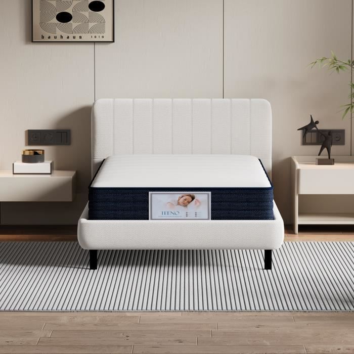 Sommier 140x190 TEENO Matelas 140x190 Cm - Mousse + Mémoire De Forme 2cm + Ressorts - 7 Zones De Confort - Housse Lavable Matelas Certipur Us