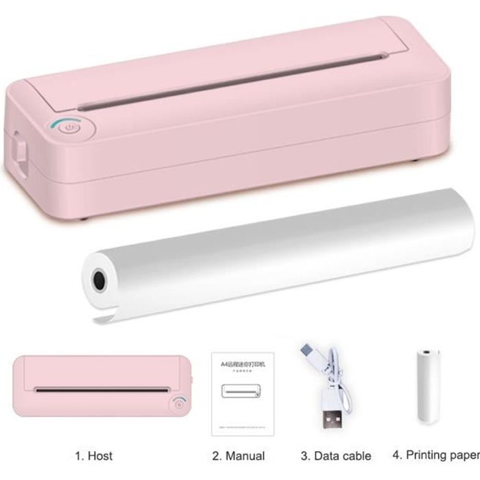 Imprimante Thermique A4, Thermique Portable A4 sans fil Bluetooth BT PhotoPridite 210 mm pour Maison Bureau Étude École-rose