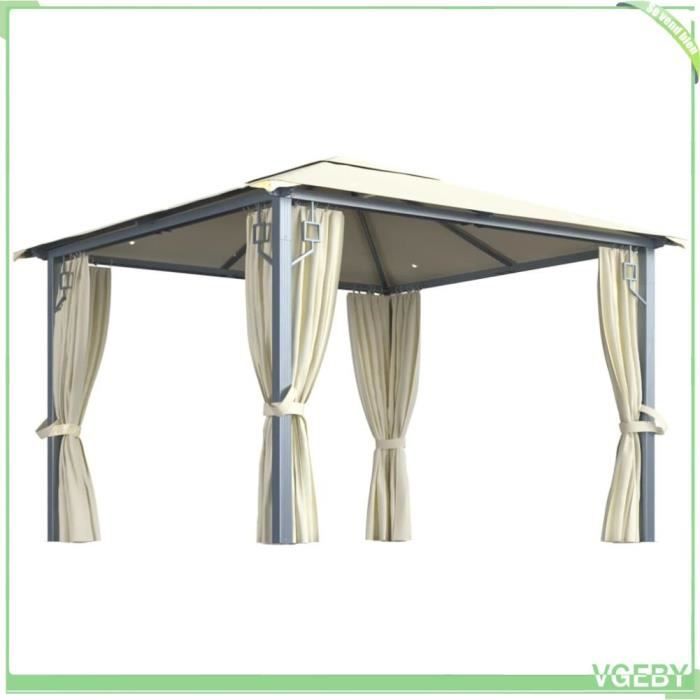 Tonnelle - V GEBY - 3x3 m - Aluminium - Rideaux et lumières LED - Énergie solaire