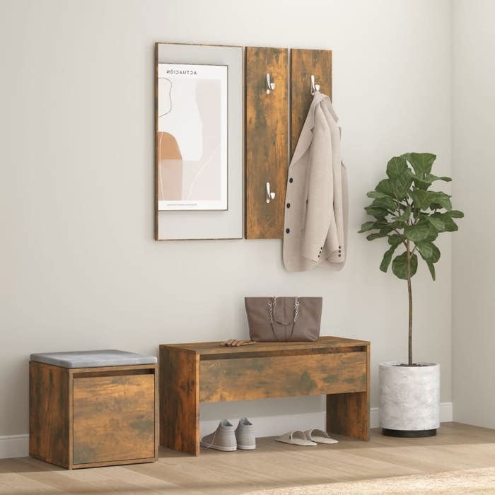 vidaXL Ensemble de Meubles de Couloir Banc dEntrée Miroir Panneau de Portemanteau Ensemble de Vestiaire Chêne Fumé Bois 3120194
