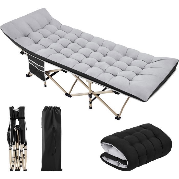 Yaheetech Lit de Camp Pliable Cadre en Métal avec Matelas Pochette Sac de Transport Cadre Noir-Coussin Gris