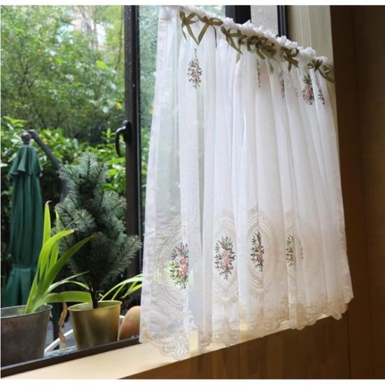 A.Monamour Rideau de Cuisine Court pour Petit Fenêtre Rideau À Nouer Rideau De Ballon Stores Romains Voilage Semi Transparent Coton Lin Fleuri Rideau Brise-bise Rideaux à Disques Passe-Tringle Bistro