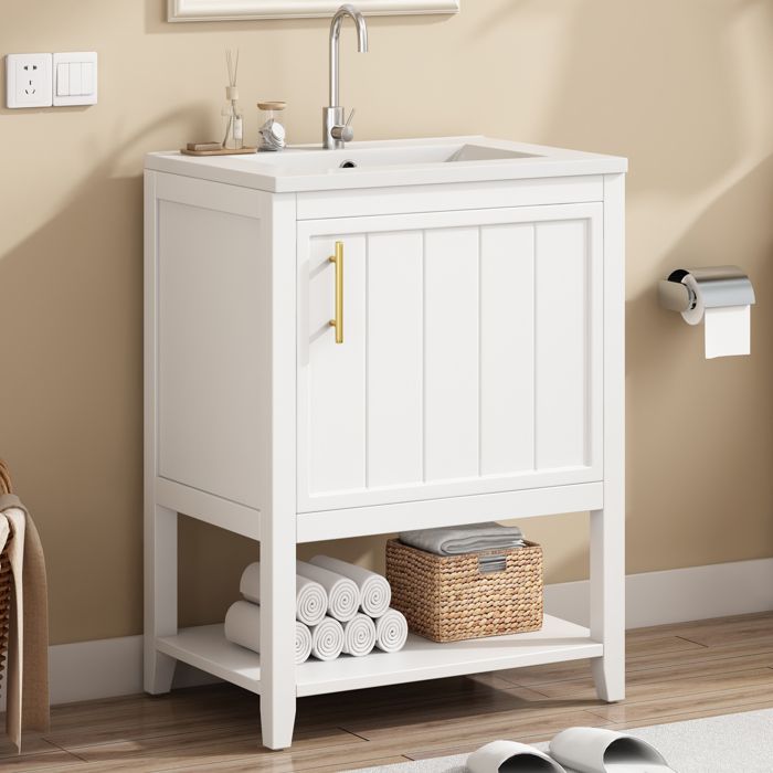 Meuble de Salle de Bain avec Poignée Métal Doré et Étagère - 80x47x89cm Lavabo Simple Moderne Meuble de Salle de Bain avec Poignée Métal Doré et Étagère - 80x47x89cm Lavabo Simple Moderne