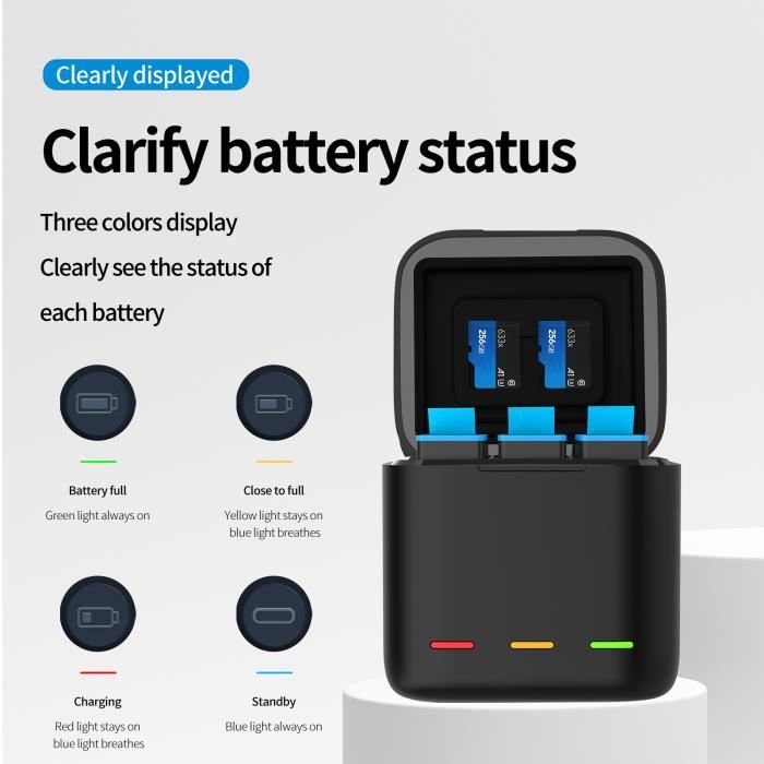 Boîtier de charge rapide à 3 voies pour Gopro Hero 11 10 9, batterie Boîtier de charge rapide à 3 voies pour Gopro Hero 11 10 9, batterie