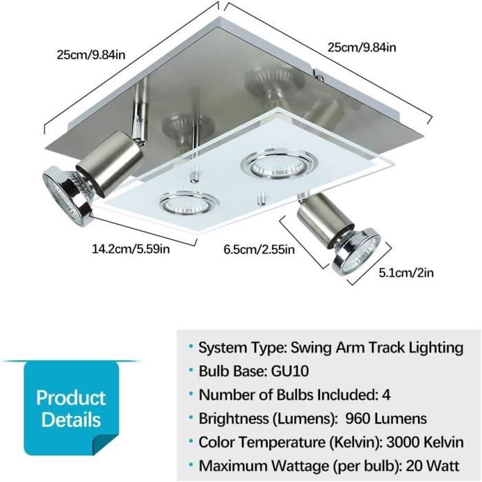Plafonnier LED à 2 Spots Orientables GU10 - Blanc, Aluminium - Pour Cuisine, Salon, Chambre (Ampoules Non Incluses)
