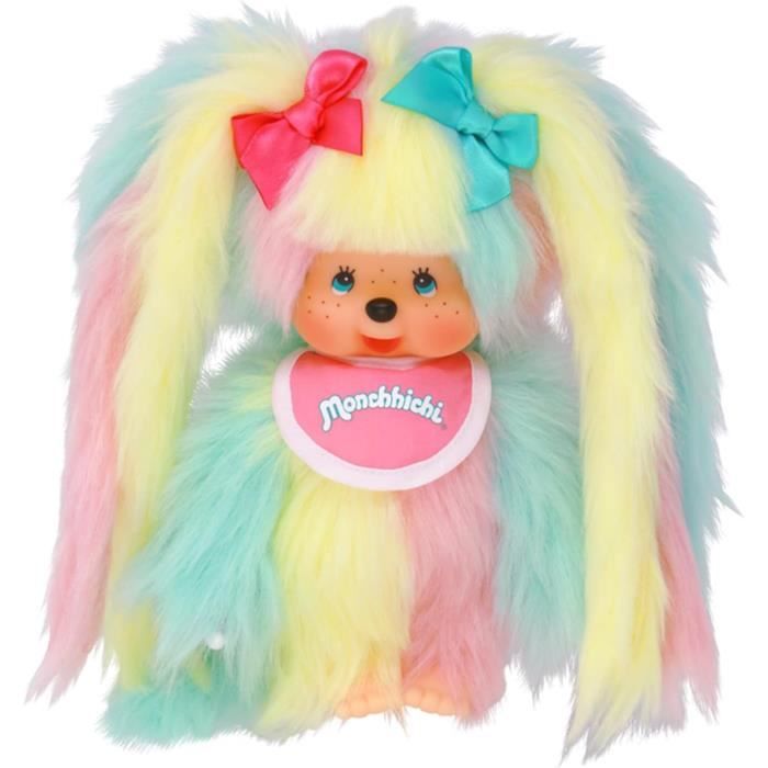 Sekiguchi – Monchhichi Girl – Peluche 20 Cm – Bavoir Lilas, Tresses, Pouce Sucette – Cadeau Collectionneur