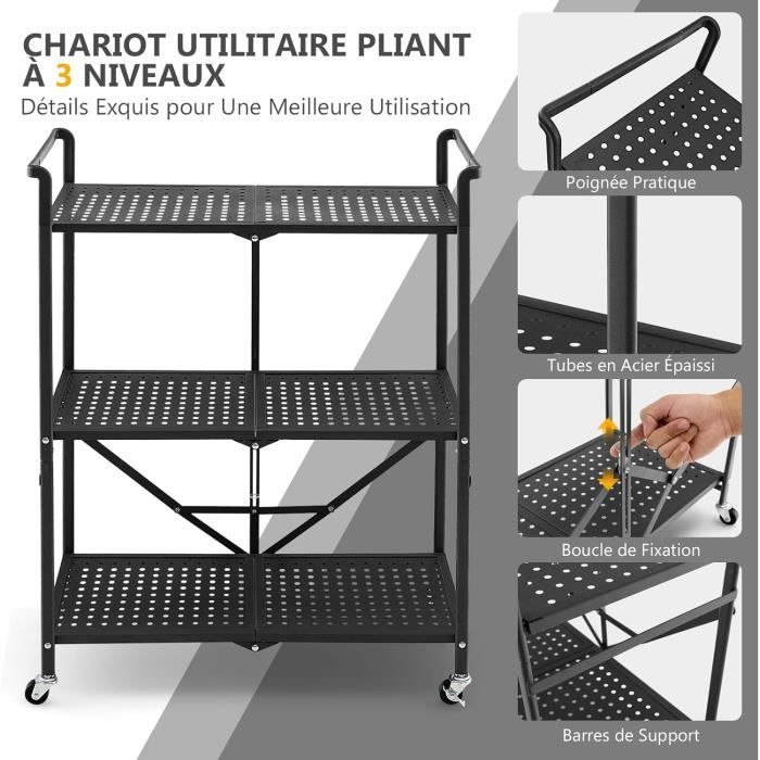 Chariot De Cuisine 3 Niveaux En Inox - 4 Roues - Étagère Roulante