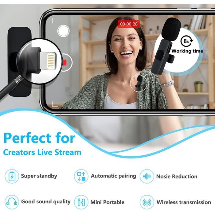 AIKELA Microphone sans fil pour iPhone/Android/appareil photo/PC, mini micro  cravate sans fil pour enregistrer , Facebook, TikTok, Vlog, vidéo  d'entrevue, diffusion en direct, Plug Play et réduction du bruit :  : Instruments