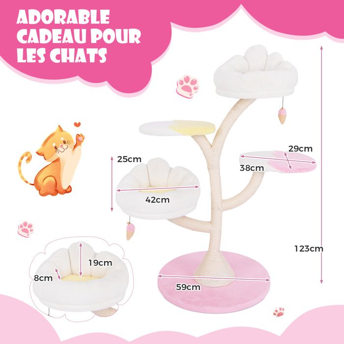 GOPLUS Arbre A Chat à Plusieurs Niveaux, Arbre à Chat Avec Surface En Peluche Niche Confortable Poteau En Jute Escalier Balle Suspendue Plateforme Lit Superieur Ideal Pour Dinterieur Blanc 88619150