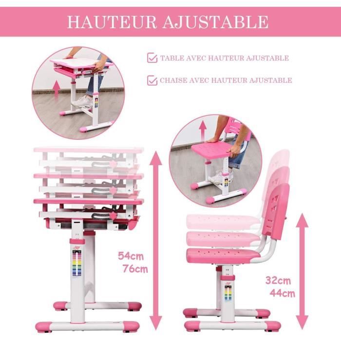 Tuelaly Bureau Et Chaise Enfant Réglable En Hauteur – Design Anti-Myopie Doré, Tiroir XXL, Rose A – Idéal Études & École 3-16 Ans