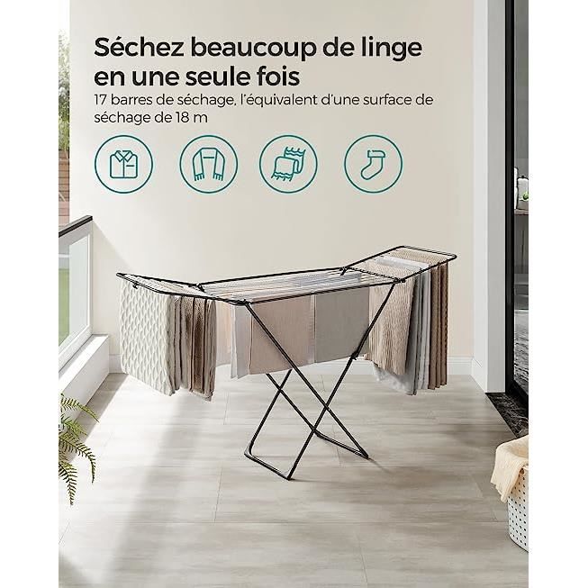 Séchoir à Linge Télescopique Kadax 20m - Sur Pieds Pliables Avec Roulettes, Porte-Chaussettes - Noir