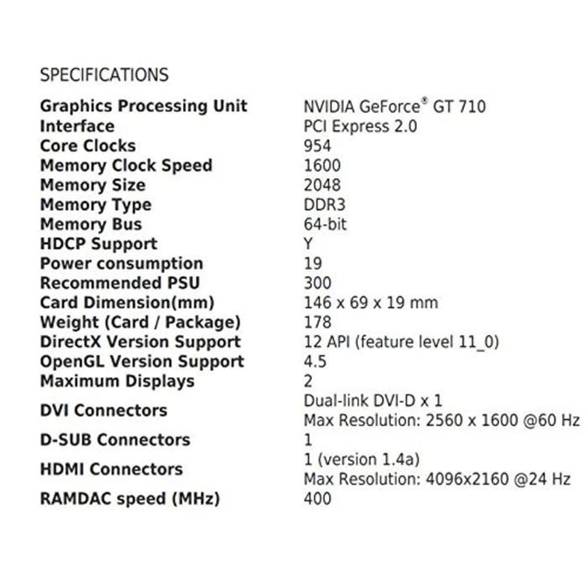 MSI GT 710 2GD3H LP Carte Graphique Nvidia GT710 954 MHz 2048 Mo PCI Express Noir 
