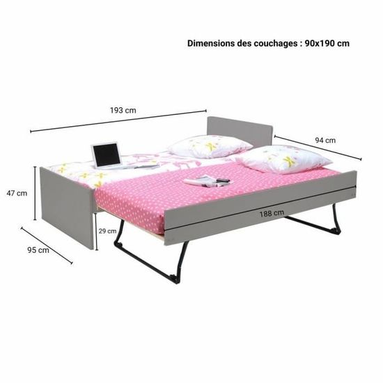 lit gigogne 90x190 cm avec 2 sommiers a lattes en bois sun gris sans matelas cdiscount maison