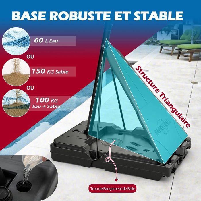 GYMAX Panier Basket Extérieur pour Adultes Adolescents, Hauteur Réglable 143-305 cm, Mobile avec Roues, Base Stable Remplissable avec Sac de Poids
