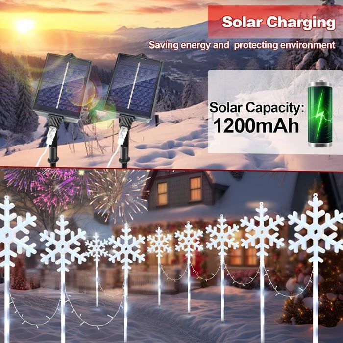 10 Décorations Lumineuses De Noël Solaires En Forme De Flocons De Neige – 8 Modes D’éclairage, étanches, Parfaites Pour Décorer Jardin, Terrasse, Allée Pendant Les Fêtes !