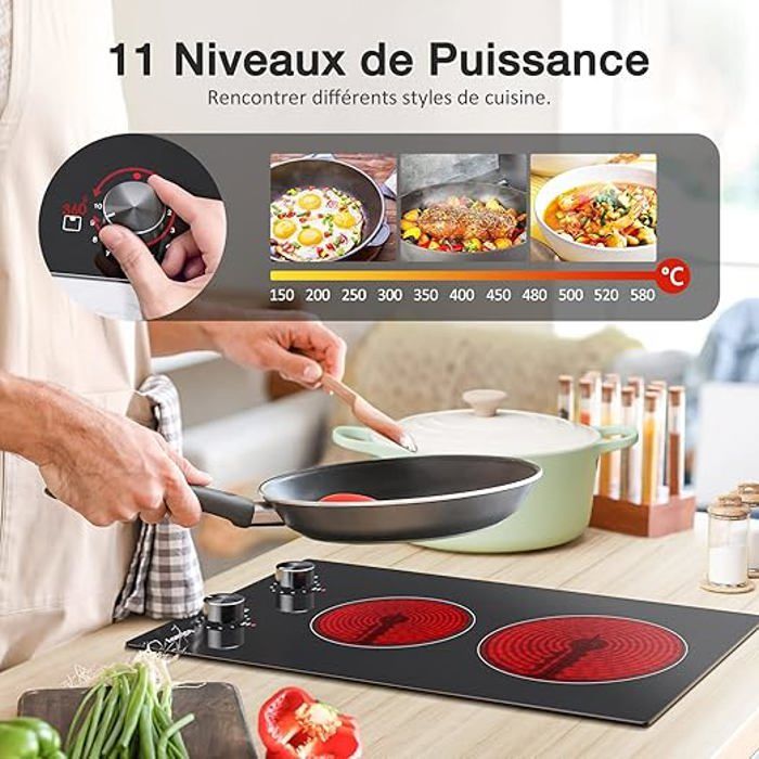 Plaque Vitrocéramique 3 Feux 5500W L59 X P52 Cm, Table De Cuisson Vitrocéramique 3 Foyers Encastrable Plaque 3 Feux - Electroménager