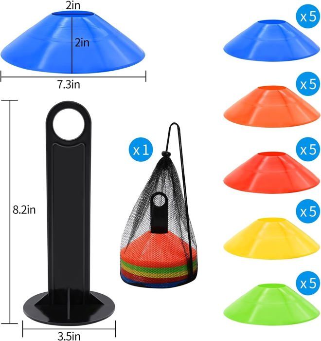 50 Pcs Plots Entrainement, Plots De Marquage pour Football Cône, Cônes à Disque avec Sangle à Boucle Fixe, Poche Filet