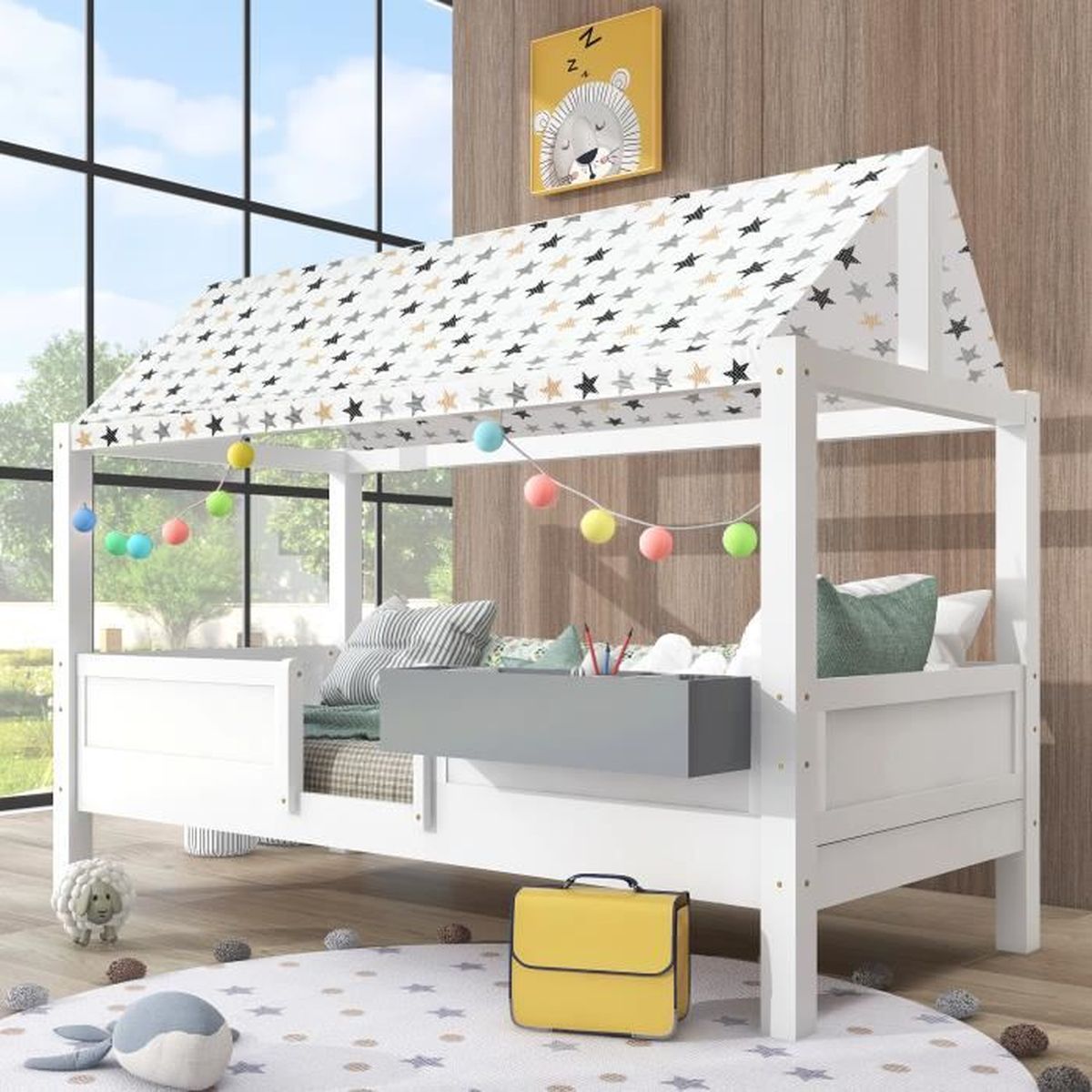 Lit Cabane Mezzanine Enfant 90x200 Cm - Bois Massif, Avec Toit, Fenêtre Et Rangement, Sans Matelas (Blanc)