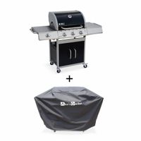 Barbecue gaz inox 14kW – Richelieu noir – Barbecue 3 brûleurs + 1 feu latéral, côté grill et côté plancha, housse de protection