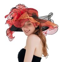 Femme Chapeau Fleur Organza Large Bord Pliable Cocktail Derby Cérémonie Rouge/Noir