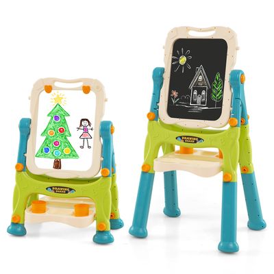 Chevalet Double Face Pliable DREAMADE Pour Enfants – Hauteur Réglable, Rouleau De Papier Et Rangement (gris)