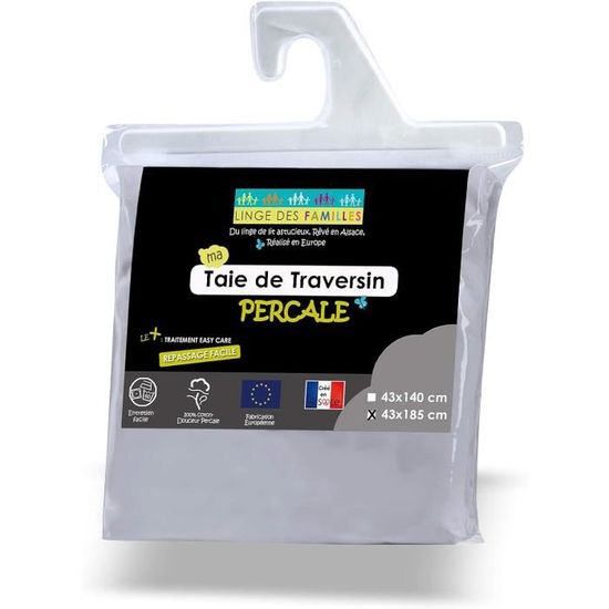 Taie Pour Traversin 140 Cm - Uni Ciment - 100% Coton Percale Taie