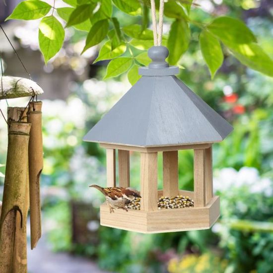 Mangeoire à oiseaux en bois suspendue pour hexagone de décoration de jardin en forme de toit rgy009