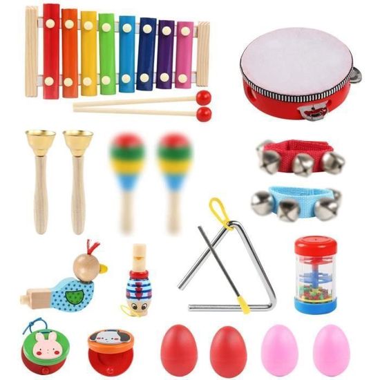 ENCOUN 33 Instruments De Musique En Bois – Xylophone, Tambourin, Maracas – Éveil Sensoriel Dès 1 An – Sac De Rangement Inclus