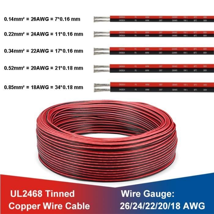 2 Pin 50m 24AWG -UL2468 2 broches fils électriques 18-20-22AWG étamé fil de cuivre rouge noir câble pour LED bande panneau solaire F