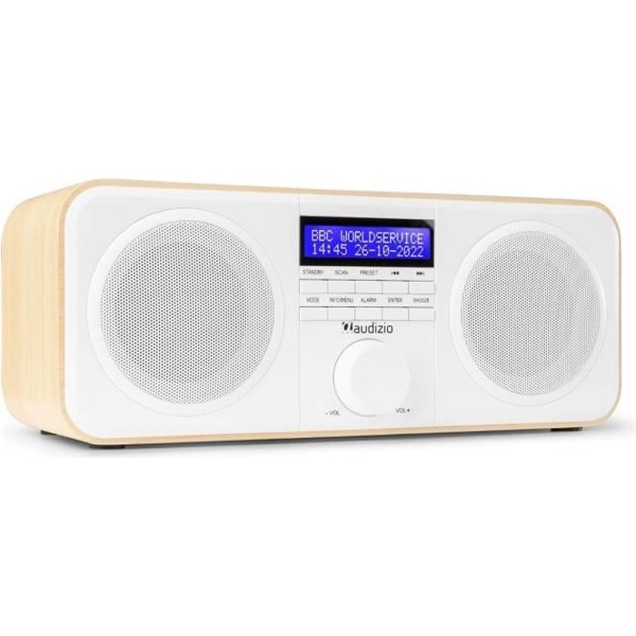 Audizio Novara radio DAB + stéréo - Blanc, Radio FM, Radio réveil, Puissance 40W, Sortie casque 3,5mm, Ecran LCD