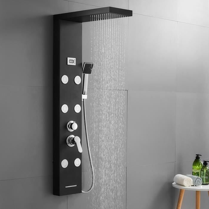 Auralum Colonne Douche Hydromassante Noire Écran LCD Affichage Temprérature de l’Eau Mitigeur Douche Acier Inox avec Jets de Massage