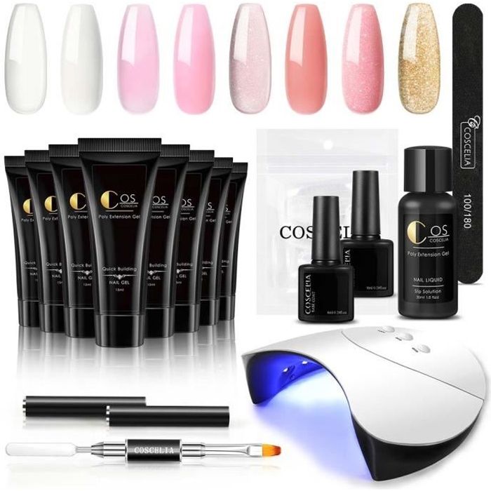 Coscelia Kit Poly UV Gel Vernis Extension Gel Faux Ongle Paillettes Lampe UV/LED 36W Top Coat Base Coat Outils Accessoires Kit