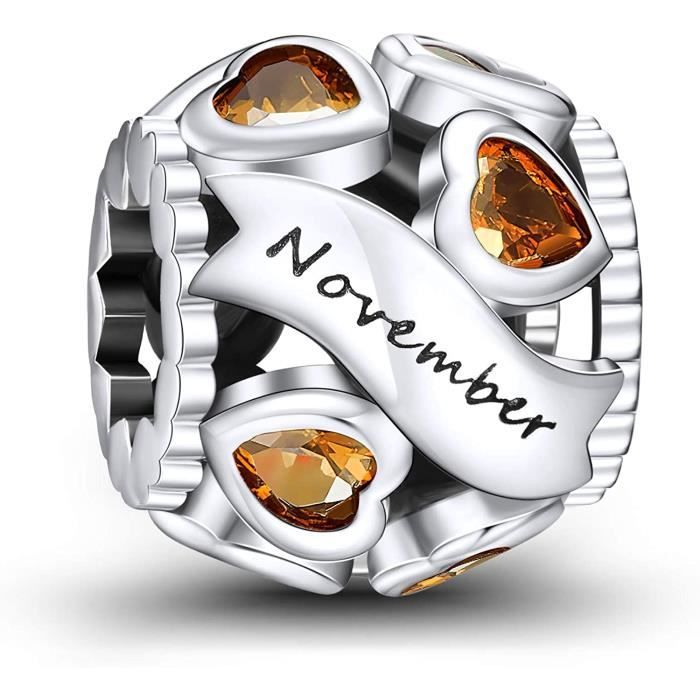 NINGAN Novembre Pierres de Naissance Amour Coeur Charmes Ajouré Perle s'adapte aux Bracelets et Colliers Pandora pour Femmes
