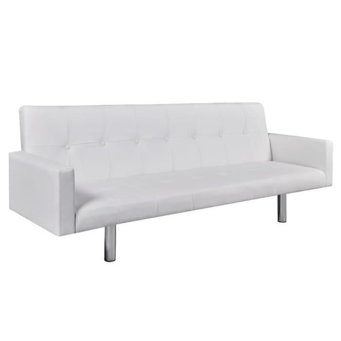 Canapé et Lit convertible à 2 places,Dossier réglable en 3 angles, Cuir de Haute 184 x 77,5 x (60,5 - 64 - 66,5) cm, blanc