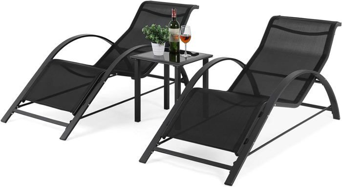 Bain de soleil en aluminium Lot de 3, Chaise longue avec table basse,fauteuil de jardin charge 150 kg
