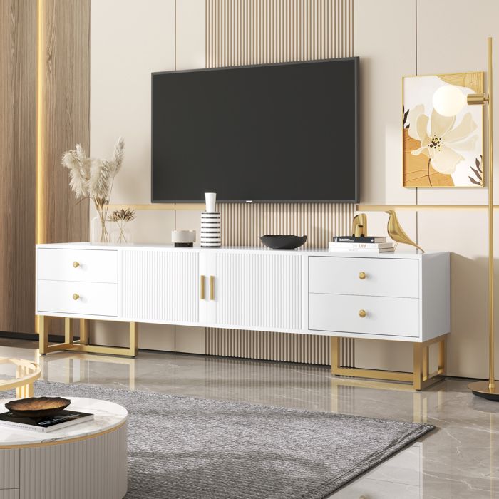 Meuble TV 175cm - moderne - pieds dorés et jante dorée - 4 tiroirs + 2 portes - panneaux de particules - Blanc