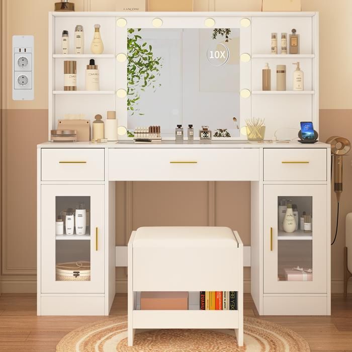 Coiffeuse avec Miroir et Tabouret de Rangement-NHHF-113X40X140 CM-10 Ampoules-3 Couleurs Réglables-3 Tiroirs 6 Étagères et 5 Crochet