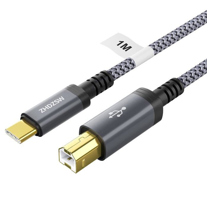 Câble USB B vers USB C tressé de 1 m pour imprimante HPEpsonCanonscannerLexmarkDACclavier MIDIMacBook Pro/AiriMac XPS ASUS