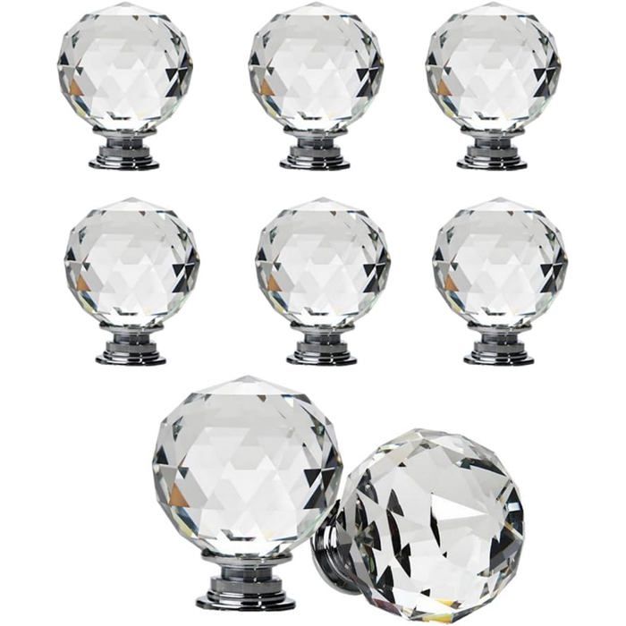 Lot de 8 boutons de tiroir sphériques en cristal 30 mm – transparents avec vis 25 mm